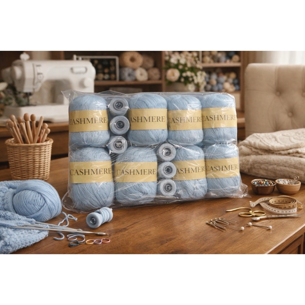 Lot of 18 QJH Cashmere Yarn Skeins‎ + 18 Spools Matching Thread Knitting Blue 39